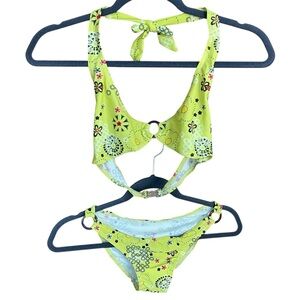Lime Green Floral Print Halter Bikini